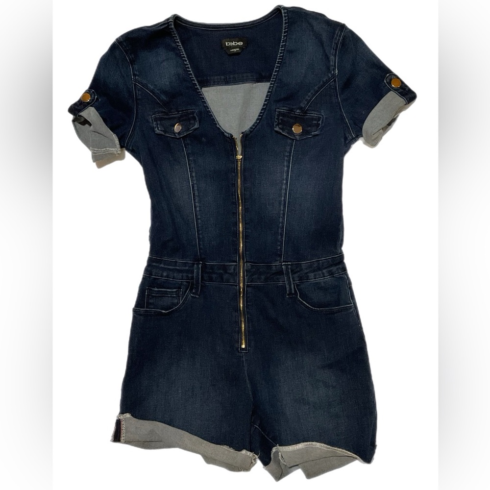 Bebe Denim Romper Size 29 Dark Wash Zip Front Utility Jumpsuit Shorts